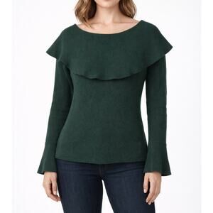 Qi Cashmere 100% Cashmere Ruffle Neck Sweater Bell Sleeve Cottagecore Green